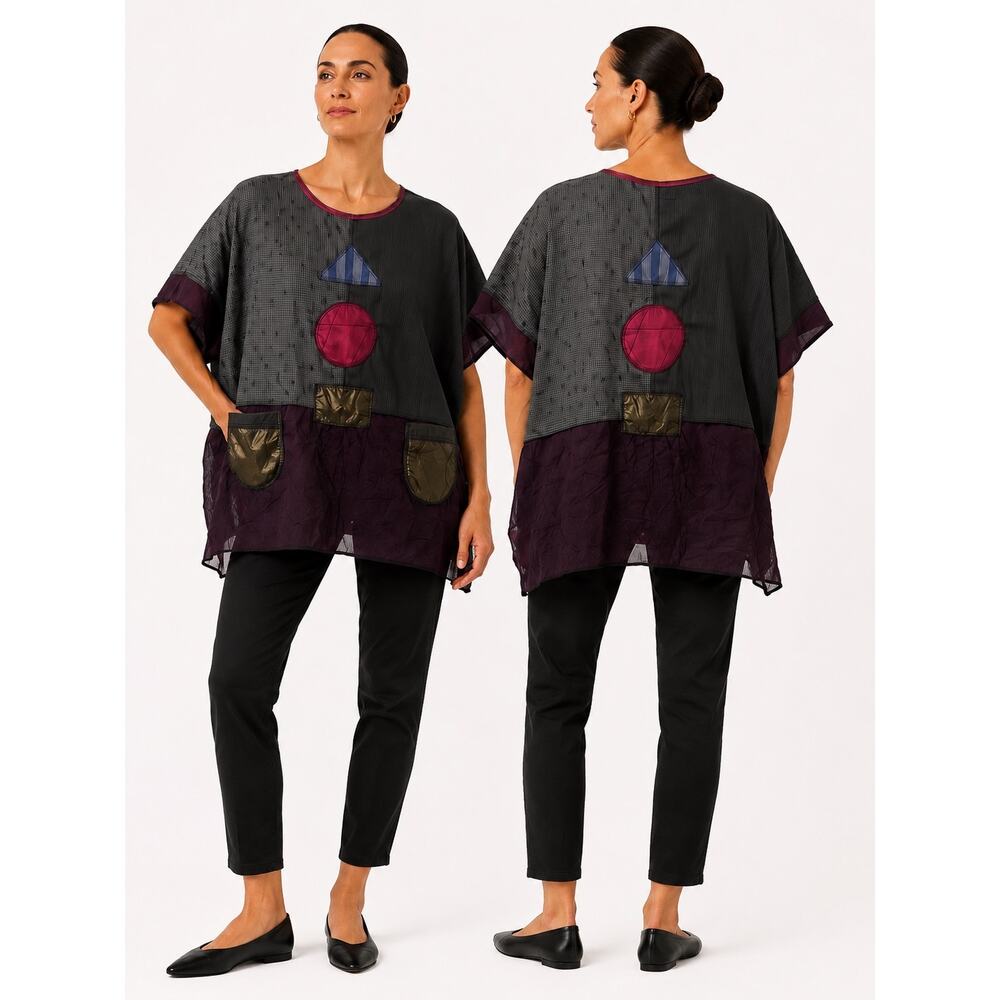 AUG 27 AM Mixed Media Patchwork Top One Size Wearable Art USA, VINTAGE